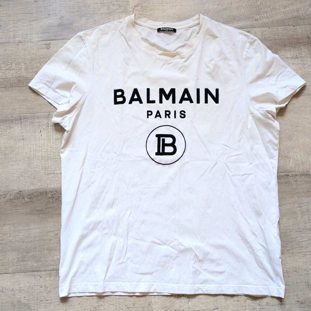 Balmain Paris Men's White Logo Graphic Short Sleeve Cotton T-Shirt XL